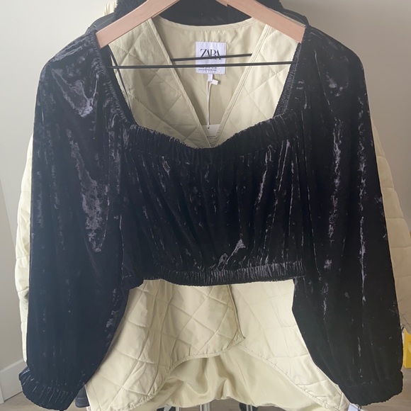 M 🔖 ZARA Velvet Cropped Long Sleeve Top Black Empire Crop - Picture 7 of 13